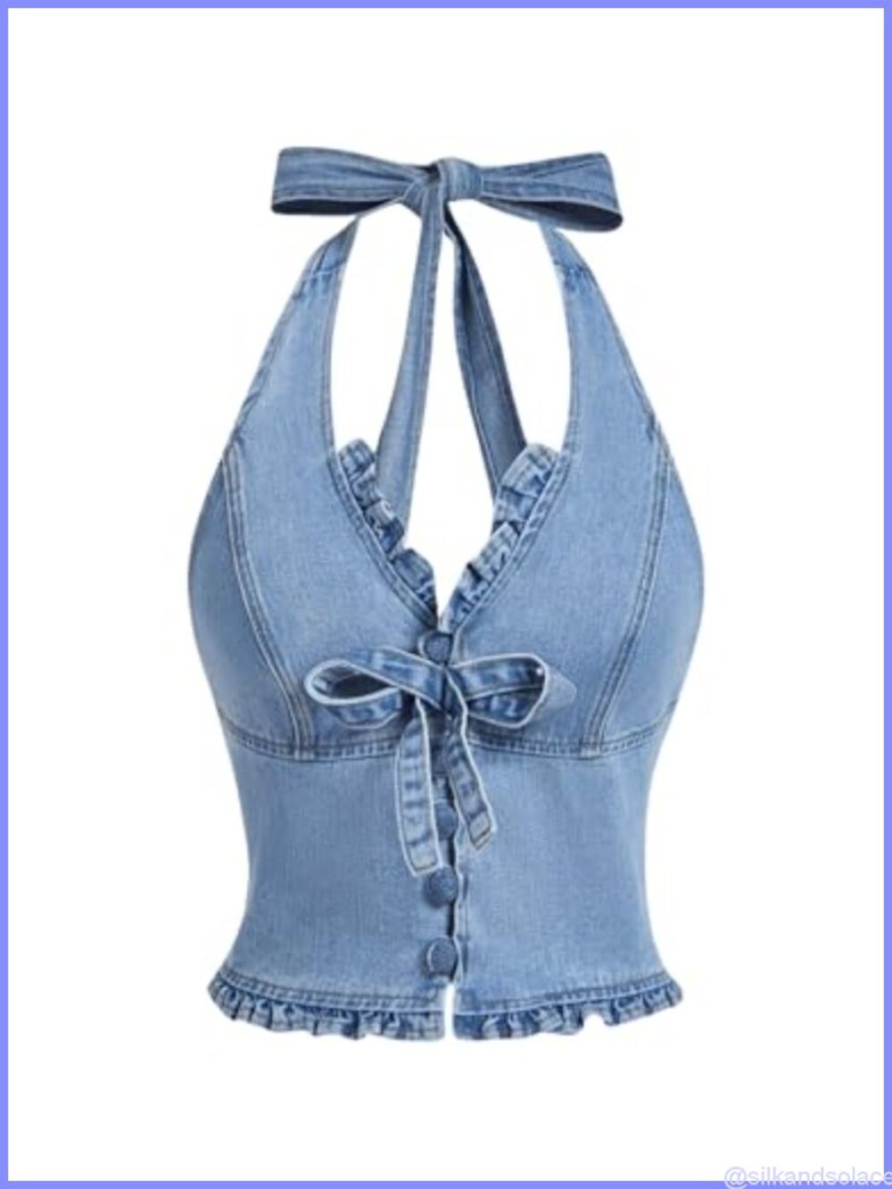 Shirred Denim Vest Crop Top Tie Backless Halter